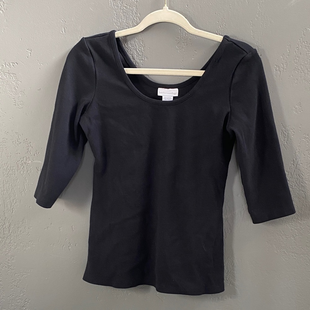 Soft Surroundings Black Scoop Neck Ribbed 3/4 Sleeve Shirt Top
